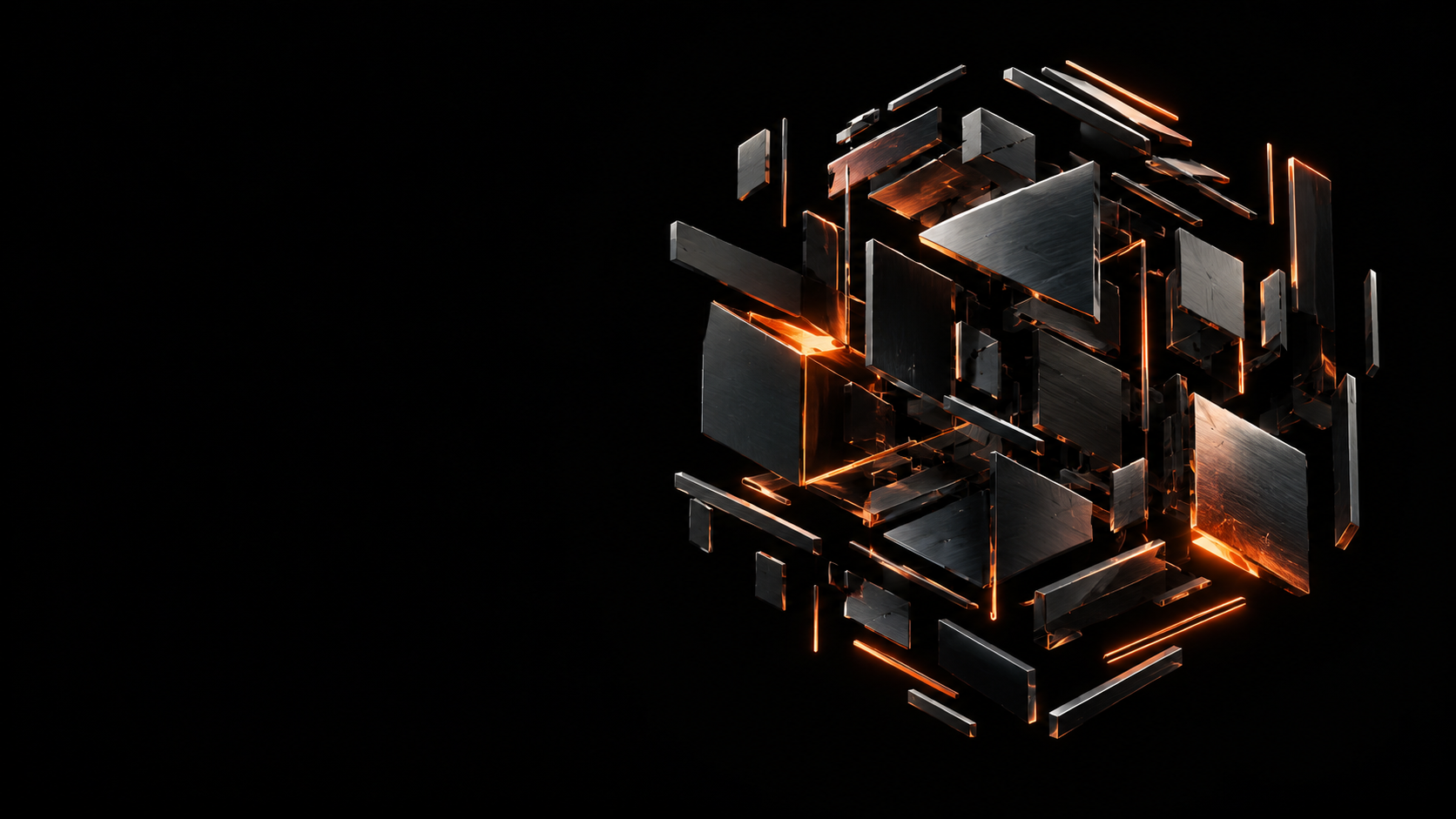 Abstract suspended titanium and ember-orange geometric array